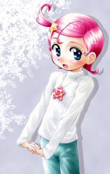 Rule 34 | 1girl, ahoge, blue eyes, blush, comet (comet-san), cosmic baton girl comet-san, female focus, hair ornament, jewelry, kokekokko coma, necklace, open mouth, own hands together, pink hair, shirt, solo, star (symbol), star hair ornament, turtleneck, white shirt