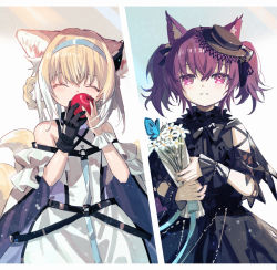 Rule 34 | 2girls, absurdres, animal ears, apple, arknights, bad id, bad pixiv id, black dress, black gloves, blonde hair, blue butterfly, blue hairband, bouquet, brown headwear, bug, butterfly, closed eyes, commentary, dress, earpiece, flower, food, fox ears, fruit, gloves, gradient hair, hair rings, hairband, hands up, hat, highres, holding, holding bouquet, holding food, holding fruit, insect, light particles, looking at viewer, mini hat, multicolored hair, multiple girls, off-shoulder dress, off shoulder, official alternate costume, parted lips, purple eyes, purple hair, red medicine, shamare (arknights), shamare (echo of the horrorlair) (arknights), single glove, smile, suzuran (arknights), twintails, upper body, white dress, white flower, white hair, wrist cuffs