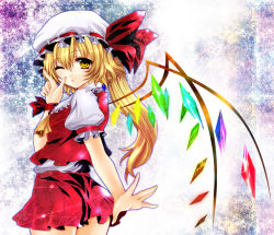 Rule 34 | 1girl, blonde hair, embodiment of scarlet devil, female focus, finger gun, flandre scarlet, fragran0live, hat, long hair, looking back, one eye closed, outstretched arm, outstretched hand, ribbon, short hair, side ponytail, solo, touhou, wallpaper, wings, wink, yellow eyes