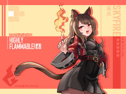 Rule 34 | 1girl, animal ears, arknights, brown hair, cat ears, cat tail, character name, ear piercing, earrings, english text, fire, hm (hmongt), jewelry, magic, piercing, red eyes, ring, skyfire (arknights), solo, tail, translation request