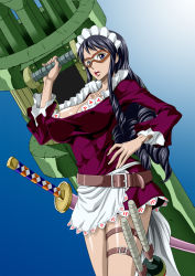 Rule 34 | 1girl, baby 5, belt, black hair, blue eyes, breasts, cleavage, covered erect nipples, drill hair, female focus, goggles, gradient background, hand on own hip, highres, large breasts, legs, long hair, looking at viewer, maid headdress, nel-zel formula, one piece, open mouth, simple background, skirt, solo, standing, sword, thigh strap, thighs, weapon