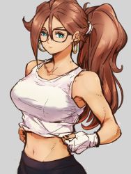 Rule 34 | 1girl, alternate costume, alternate hairstyle, android 21, blue eyes, breasts, collarbone, dragon ball, dragon ball fighterz, earrings, fingerless gloves, glasses, gloves, grey background, greyscale, hoop earrings, jewelry, kemachiku, large breasts, long hair, looking at viewer, midriff, monochrome, navel, ponytail, red hair, simple background, solo, tank top, white gloves, white tank top