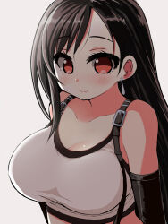 Rule 34 | 1girl, bare shoulders, black gloves, black hair, blush, breasts, closed mouth, crop top, earrings, elbow gloves, final fantasy, final fantasy vii, final fantasy vii remake, gloves, highres, jewelry, large breasts, long hair, naitou kouse, red eyes, simple background, smile, solo, suspenders, tank top, tifa lockhart, undershirt, upper body, white tank top