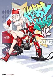 Rule 34 | 1girl, belt, black belt, boots, christmas, closed mouth, coat, commentary, crop top, fur-trimmed coat, fur-trimmed footwear, fur trim, hand in own hair, highres, katouken (ktn-works), knee up, logo, long hair, looking at viewer, merry christmas, midriff, miniskirt, navel, off shoulder, open clothes, open coat, original, red coat, red footwear, red headwear, red skirt, shadow, sitting, skirt, sleeveless, smile, snowmobile, solo, sweater, symbol-only commentary, turtleneck, white hair, white sweater, yellow eyes