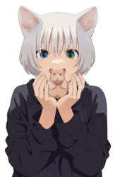 Rule 34 | 1girl, animal, animal ear fluff, animal ears, animal request, black shirt, blue eyes, covered mouth, eyebrows hidden by hair, green eyes, hair between eyes, hamster, hands up, heterochromia, holding, holding animal, looking at viewer, mattaku mousuke, original, shirt, simple background, solo, twitter username, upper body, watermark, white background