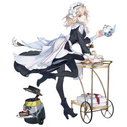 Rule 34 | 1girl, black dress, blonde hair, blue eyes, boots, bow, braid, cake, cake slice, cup, dress, food, from side, full body, g36 (girls&#039; frontline), game cg, girls&#039; frontline, girls&#039; frontline neural cloud, hair bow, high heel boots, high heels, highres, imoko (imonatsuki), leg up, long hair, looking at viewer, maid, maid headdress, official art, open mouth, pantyhose, serving cart, solo, teacup, teapot, transparent background