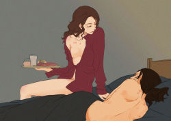 Rule 34 | 2girls, bare back, bed, bite mark, black hair, blanket, breakfast, brown hair, food, highres, lunorafc, multiple girls, no pants, nude, person of interest, pillow, root (person of interest), sameen shaw (person of interest), scratches, shirt, tray, yuri
