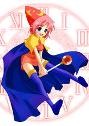 Rule 34 | 1990s (style), 1girl, blue eyes, blush, cape, female focus, final fantasy, final fantasy v, full body, happy, hat, lenna charlotte tycoon, open mouth, pink hair, short hair, solo, staff, thighhighs, time mage, uchouten, white background