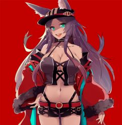 Rule 34 | 1girl, animal ears, black hat, black skirt, breasts, cleavage, cross-laced clothes, cross-laced top, dark-skinned female, dark skin, detached sleeves, fate/grand order, fate (series), female focus, green eyes, hat, large breasts, long hair, looking at viewer, miniskirt, navel, open mouth, purple hair, queen of sheba (fate), rain (nadroj31), red background, red sleeves, shorts, simple background, skirt, smile, solo, standing, teeth, upper teeth only
