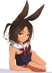 Rule 34 | 1girl, :3, animal ears, azur lane, bad id, bad pixiv id, black hair, blue one-piece swimsuit, breasts, brown eyes, dark-skinned female, dark skin, detached collar, ear wiggle, from side, full body, highres, hip vent, i-26 (azur lane), legs together, looking at viewer, lying, neckerchief, on side, one-piece swimsuit, rabbit ears, red neckerchief, sailor collar, short hair, side ponytail, sideboob, simple background, small breasts, smile, solo, sonri, strapless, strapless one-piece swimsuit, stuffed animal, stuffed rabbit, stuffed toy, swimsuit, tan, white background
