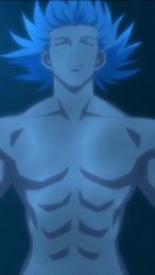 Rule 34 | 00s, 1boy, abs, blue hair, blue theme, gradient background, male focus, monochrome, muscular, nude, regal bryan, solo, tales of (series), tales of symphonia, underwater