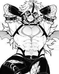 Rule 34 | 1boy, abs, alternate costume, arataki itto, arms behind head, bara, blush, dante (rottendevilman), demon wings, fang, feet out of frame, fishnet pantyhose, fishnet sleeves, fishnets, forked eyebrows, genshin impact, greyscale, heart, heart tattoo, highres, horns, large pectorals, long hair, male focus, mini wings, monochrome, muscular, muscular male, navel, nipples, oni, oni horns, pants, pantyhose, pectorals, skin fang, slit pupils, solo, stomach tattoo, tattoo, thick eyebrows, thighs, toned, toned male, wings