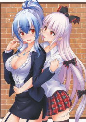 Rule 34 | 2girls, :p, alternate costume, alternate eye color, alternate hairstyle, black bow, black coat, black legwear, black skirt, blue hair, blush, border, bow, breasts, brick wall, cleavage, coat, contemporary, cowboy shot, fang, fujiwara no mokou, garter straps, hair between eyes, hair bow, hand in another&#039;s hair, hand up, head tilt, highres, hijikawa arashi, jewelry, kamishirasawa keine, large breasts, letterboxed, long hair, long sleeves, looking at viewer, miniskirt, multicolored hair, multiple girls, necklace, open clothes, open coat, open mouth, orange eyes, outside border, pencil skirt, plaid, plaid skirt, pleated skirt, ponytail, red skirt, scan, shirt, short sleeves, side slit, sidelocks, silver hair, skirt, standing, streaked hair, thighhighs, thighs, tongue, tongue out, touhou, very long hair, white border, white shirt, wing collar, yuri, zettai ryouiki
