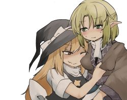 Rule 34 | 2girls, black shirt, black vest, blonde hair, blush, bow, grabbing another&#039;s breast, breasts, brown jacket, closed mouth, commentary request, cookie (touhou), fang, fang out, grabbing, green eyes, half updo, hat, hat bow, highres, hisuisyo9, jacket, joker (cookie), kirisame marisa, long hair, medium breasts, mizuhashi parsee, multiple girls, parted bangs, pointy ears, red eyes, scarf, shirt, short hair, short sleeves, simple background, skin fang, star (symbol), suzu (cookie), touhou, upper body, vest, white background, white bow, white scarf, white shirt, witch hat, yuri