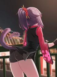 Rule 34 | 1girl, animal ears, arknights, ass, bike shorts, black dress, black gloves, black shorts, cat ears, cat tail, commentary request, cowboy shot, dress, fingerless gloves, gloves, highres, jessica (arknights), k0ng, korean commentary, long sleeves, night, night sky, official alternate costume, ponytail, purple hair, railing, short dress, short hair, short ponytail, short shorts, shorts, shorts under dress, sidelocks, sky, solo, standing, tail, tail wagging, thighs, wide sleeves