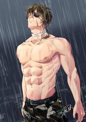 Rule 34 | 1boy, bara, belt, brown hair, camouflage, camouflage pants, closed mouth, copyright request, eyepatch, hair between eyes, male focus, medium hair, muscular, muscular male, nipples, outdoors, pants, pectorals, rain, serious, shocacao72, signature, solo, topless male, water drop, wet, wet hair