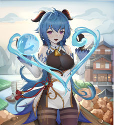 Rule 34 | :d, absurdres, ahoge, bare shoulders, bell, black gloves, black legwear, blue hair, bow, breasts, chinese knot, detached sleeves, flower knot, ganyu (genshin impact), genshin impact, gloves, gold trim, highres, horns, large breasts, long hair, looking at viewer, neck bell, open mouth, orb, outdoors, purple eyes, qilin (mythology), red rope, rope, sidelocks, smile, solo, standing, tassel, thighlet, urushi quihei no choetsu-sha, vision (genshin impact), waist cape, white sleeves
