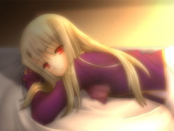 Rule 34 | 00s, 1girl, bored, fate/stay night, fate (series), illyasviel von einzbern, long hair, lying, on stomach, red eyes, solo, white hair
