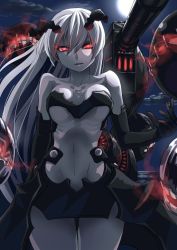 Rule 34 | 10s, 1girl, abyssal ship, anchorage princess, bare shoulders, black dress, black gloves, breasts, cloud, colored skin, commentary request, dress, elbow gloves, gloves, glowing, glowing eyes, kantai collection, long hair, looking at viewer, medium breasts, minarai zouhyou, moon, moonlight, night, night sky, open mouth, pale skin, red eyes, showgirl skirt, sky, solo, strapless, teeth, white hair, white skin