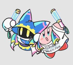 Rule 34 | blush stickers, colored skin, disembodied hand, gloves, grey background, holding glowstick, kirby, kirby (series), kirby 30th anniversary music festival, magolor, ni re, nintendo, no humans, open mouth, pink skin, rayman limbs, shirt, simple background, solid oval eyes, white shirt