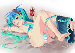Rule 34 | 1girl, aqua eyes, aqua hair, armpits, barefoot, brand name imitation, can, dr pepper, drink can, eizan, giji eizan, hatsune miku, highres, long hair, lying, necktie, on back, one eye closed, open mouth, panties, skirt, soda can, solo, striped clothes, striped panties, topless, twintails, underwear, undressing, very long hair, vocaloid, wink