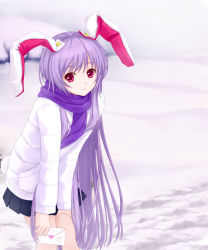 Rule 34 | 1girl, alternate costume, animal ears, bad id, bad pixiv id, coat, contemporary, female focus, highres, leaning forward, letter, light purple hair, light smile, long hair, looking at viewer, love letter, pink eyes, pleated skirt, purple hair, rabbit ears, rabbit girl, rabbit tail, red eyes, reisen udongein inaba, scarf, skirt, smile, snow, solo, tail, touhou, tucana, very long hair, winter clothes