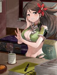 Rule 34 | 1girl, \||/, amagi (kancolle), amagi kai (kancolle), bell, blush, breasts, brown eyes, brown hair, cleavage, cleavage cutout, clothing cutout, commission, cup, desk, flower, food, fruit, green tea, grin, hair flower, hair ornament, hand on own cheek, hand on own face, highres, jewelry, jingle bell, kanmiya shinobu, kantai collection, large breasts, long hair, looking at viewer, mandarin orange, mole, mole under eye, mug, navel, neck bell, paper stack, ring, short sleeves, shoulder cutout, sitting, skeb commission, smile, solo, steam, tassel, tea, wedding ring