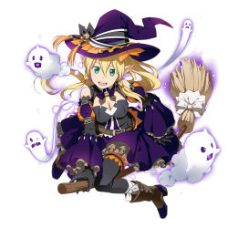 Rule 34 | 1girl, bell, black gloves, blonde hair, blush, boots, bow, braid, breasts, broom, broom riding, cleavage, dress, elf, frills, ghost, gloves, green eyes, halloween, happy, hat, hat bow, highres, leafa, long hair, looking at viewer, official art, open mouth, pointy ears, ponytail, puffy sleeves, shy, smile, sword art online, tagme, thighhighs, witch, witch hat