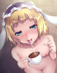 Rule 34 | 1girl, blonde hair, blue eyes, breasts, coffee, cum, cum in container, cum in cup, cum in mouth, cum on tongue, cum string, cup, fleur de lapin uniform, from above, gochuumon wa usagi desu ka?, gokkun, highres, holding, holding cup, karei (zeroseed), kirima syaro, maid headdress, navel, nipples, nude, raised eyebrows, short hair, small breasts, solo, thigh gap, tongue, tongue out