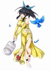 Rule 34 | 1girl, bird, birdcage, black eyes, black hair, breasts, cage, carrying, china dress, chinese clothes, cle masahiro, dress, feathers, floral print, full body, hair ornament, hairclip, high ponytail, highres, kirihara konoe, large breasts, long hair, official art, side slit, sidelocks, simple background, solo, v arms, valkyrie drive, valkyrie drive -siren-, white background