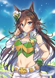 Rule 34 | 1girl, ahoge, animal ears, arm strap, blue sky, breasts, brown hair, choker, closed mouth, cloud, collarbone, commentary request, cowboy shot, cropped jacket, day, green eyes, green shirt, groin, hair between eyes, hair ornament, hairclip, hand on own hip, hand up, hat, highres, horse ears, horse girl, horse tail, jacket, kanikanidosanko, long hair, long sleeves, looking at viewer, medium breasts, midriff, mini hat, mini top hat, mr. c.b. (umamusume), navel, open clothes, open jacket, pants, partial commentary, shirt, sidelocks, signature, single bare shoulder, single sleeve, sky, smile, solo, standing, strapless, strapless shirt, tail, top hat, umamusume, white hat, white jacket, white pants, wrist cuffs, yellow choker