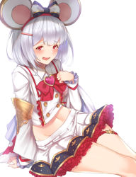 Rule 34 | 1girl, animal ears, arm support, blush, breasts, brooch, buttons, collared shirt, crop top, double-breasted, fake animal ears, feet out of frame, granblue fantasy, groin, hair ornament, hairband, hairclip, heart, heart brooch, highres, jewelry, long sleeves, medium breasts, miniskirt, navel, open mouth, raised eyebrows, red eyes, shirt, simple background, sitting, skirt, solo, sweat, thigh strap, vikala (granblue fantasy), white background, white hair, white skirt, wuming