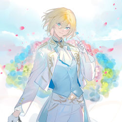 Rule 34 | 1boy, absurdres, bishounen, blonde hair, blue eyes, blue vest, blush, closed mouth, commentary request, echj, ensemble stars!, gloves, hair between eyes, head tilt, highres, jacket, long sleeves, looking at viewer, open clothes, open jacket, pants, shirt, smile, tenshouin eichi, vest, white gloves, white jacket, white pants, white shirt