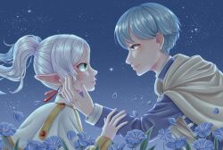 Rule 34 | 1boy, 1girl, absurdres, blue eyes, blue flower, blue hair, blue tunic, blush, capelet, cloak, coat, commentary, couple, earrings, elf, english commentary, eye contact, facing another, flower, frieren, green eyes, grey hair, hand on another&#039;s arm, hand on another&#039;s cheek, hand on another&#039;s face, hetero, highres, himmel (sousou no frieren), jewelry, long hair, long sleeves, looking at another, mole, mole under eye, night, night sky, outdoors, parted bangs, pointy ears, profile, short hair, sky, smile, sousou no frieren, star (sky), starry sky, twintails, white capelet, white cloak, white coat