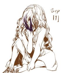 Rule 34 | 1girl, clenched hand, commentary request, curly hair, cyborg, ichi ka, knee up, mechanical foot, mechanical hands, mechanical parts, monochrome, red eyes, scp-191, scp foundation, single mechanical hand, sitting, solo