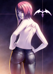 Rule 34 | 10s, 1girl, 2012, ass, back, bat (animal), bob cut, breasts, cowboy shot, denim, female focus, from behind, hands on own hips, jeans, lips, looking at viewer, looking back, original, pants, red hair, rezi, short hair, skin tight, smile, solo, standing, tattoo, tomboy, topless, yellow eyes