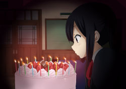 Rule 34 | 1girl, birthday cake, black hair, blowing, blush, brown eyes, cake, candle, character name, door, food, fruit, happy birthday, icing, k-on!, long hair, nakano azusa, official style, profile, ragho no erika, solo, strawberry, twintails