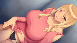 Rule 34 | 1girl, against wall, blonde hair, blush, breasts, censored, clothes lift, dress, dress lift, from above, groin, highres, huge breasts, jd no ane to sono tomodachi wa ore no kokan ga okiniiri, legs, lifting own clothes, light smile, long hair, looking at viewer, mosaic censoring, nail polish, original, out of frame, panties, pantyshot, penis, penis grab, pink nails, pussy juice, pussy juice trail, red eyes, smile, standing, thighs, underwear, wet, yuuriko