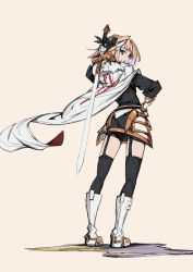 Rule 34 | 1boy, astolfo (fate), back, boots, braid, cape, fate/apocrypha, fate/grand order, fate (series), full body, garter straps, gauntlets, hand on own hip, highres, holding, holding sword, holding weapon, long hair, male focus, pink hair, purple eyes, rabbit (tukenitian), ribbon, simple background, single braid, solo, standing, sword, weapon