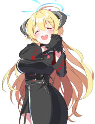 Rule 34 | 1girl, absurdres, ahoge, akari (blue archive), asymmetrical clothes, bazz000033, belt, black coat, black dress, black gloves, blonde hair, blue archive, braid, braided bangs, breasts, closed eyes, coat, cowboy shot, crossed fingers, demon horns, dress, gloves, halo, highres, horns, large breasts, light blush, long hair, low horns, military, military uniform, multiple belts, open mouth, simple background, slit, smile, solo, teeth, thigh strap, uniform, upper teeth only, very long hair, white background