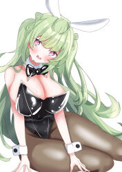 Rule 34 | 1girl, :d, adjusting clothes, animal ears, antenna hair, black bow, black bowtie, black leotard, blush, bowtie, breasts, brown pantyhose, chun lin qin, detached collar, fake animal ears, goddess of victory: nikke, green hair, green nails, heart antenna hair, highleg, highleg leotard, huge breasts, leotard, long hair, looking at viewer, mole, mole on breast, nail polish, open mouth, pantyhose, pink eyes, playboy bunny, rabbit ears, sitting, smile, soda (nikke), soda (twinkling bunny) (nikke), solo, strapless, strapless leotard, sweat, twintails, wrist cuffs