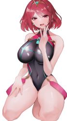 Rule 34 | 1girl, absurdres, bare shoulders, black one-piece swimsuit, blush, bob cut, breasts, chest jewel, circlet, cleavage, commentary request, competition swimsuit, covered navel, dangle earrings, earrings, fingernails, hand on own face, highres, jewelry, kataku musou, kneeling, large breasts, looking at viewer, nail polish, navel, one-piece swimsuit, open mouth, pyra (pro swimmer) (xenoblade), pyra (xenoblade), red eyes, red hair, red nails, red one-piece swimsuit, short hair, skin tight, solo, swept bangs, swimsuit, teeth, thick thighs, thighs, tiara, two-tone swimsuit, white background, xenoblade chronicles (series), xenoblade chronicles 2