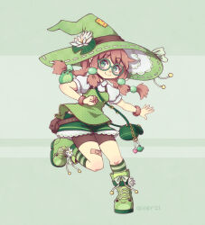 Rule 34 | 1girl, bandaid, bandaid on leg, blush, boots, brown hair, frog, full body, glasses, green-framed eyewear, green footwear, green hat, green socks, hat, highres, looking at viewer, medium hair, original, qixzy, round eyewear, smile, socks, solo, striped clothes, striped socks, witch, witch hat