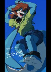 Rule 34 | 1boy, ankle cuffs, arms up, blue background, blue shorts, blue skin, blurry, bright pupils, brown hair, colored skin, commission, commissioner name, depth of field, fangs, feet, fewer digits, fins, fish tail, furry, furry male, green eyes, hair between eyes, highres, jewelry, looking at viewer, m seawave, male focus, multicolored skin, necklace, open mouth, original, pillarboxed, shark boy, shark tail, sharp teeth, shell, shell necklace, short sleeves, shorts, simple background, skeb commission, soles, solo, tail, teeth, white pupils, white skin