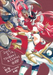 Rule 34 | 2girls, arc system works, armor, armored dress, bare shoulders, battle, blazblue, blazblue: chronophantasma, bodysuit, breasts, cape, dated, detached sleeves, dual persona, eye contact, faceoff, faulds, hair ornament, hair tubes, hat, izayoi (blazblue), long hair, looking at another, multiple girls, obi, pantyhose, polearm, ponytail, red eyes, red hair, sash, shield, showgirl skirt, smile, spear, sword, third eye, tsubaki yayoi, uniform, vambraces, weapon, yamo, yamo (sky2world)