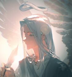 Rule 34 | angel, angel wings, artist name, closed mouth, colored eyelashes, feathers, halo, highres, holding, holding quill, long hair, lord of the mysteries, nail, ouroboros (lord of the mysteries), quill, red eyes, robe, shaded face, shadow, signature, snake, tansiki, white eyes, white hair, white robe, white snake, wings
