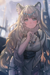 Rule 34 | 1girl, animal ear fluff, animal ears, arknights, asymmetrical hair, bead necklace, beads, blurry, blurry background, blush, braid, breasts, circlet, closed mouth, commentary, cowboy shot, dalimao, dress, eyelashes, grey dress, grey eyes, highres, holding, holding own hair, jewelry, leopard ears, light smile, long hair, looking at viewer, medium breasts, necklace, outdoors, pramanix (arknights), side braid, silver hair, single braid, snow, snowing, solo, strap, very long hair