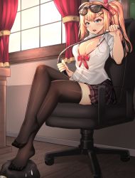 Rule 34 | 1boy, 1girl, absurdres, ahoge, black-framed eyewear, black hair, black thighhighs, blonde hair, blue eyes, blush, bow, bowtie, breast pocket, breasts, chair, cleavage, clyde s, collarbone, collared shirt, crossed legs, curtains, eyewear on head, femdom, foot on head, girls&#039; frontline, hair ornament, hair ribbon, hairclip, highres, indoors, kalina (girls&#039; frontline), large breasts, long hair, looking down, loose bowtie, no bra, no shoes, on chair, open clothes, open mouth, open shirt, plaid, plaid skirt, pleated skirt, pocket, purple skirt, red neckwear, red ribbon, ribbon, riding crop, shirt, short sleeves, side ponytail, sitting, skirt, solo focus, stepping, sunglasses, teeth, thighhighs, upper teeth only, v-shaped eyebrows, white shirt, window, x hair ornament, zettai ryouiki