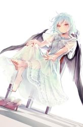 Rule 34 | 1girl, alternate costume, barefoot, bat wings, chair, checkered floor, choker, collarbone, commentary request, dress, dutch angle, feet, full body, hand on own knee, high heels, highres, looking at viewer, nail polish, no headwear, red eyes, red footwear, red nails, remilia scarlet, see-through, see-through sleeves, shadow, shoes, unworn shoes, short hair, short sleeves, silver hair, simple background, sitting, smile, solo, toenail polish, toenails, toes, touhou, white background, white choker, white dress, wings, yuki (popopo)
