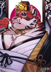 Rule 34 | 1boy, absurdres, animal ears, bara, chinese clothes, crave saga, dated, furry, furry male, guan hat, hand up, highres, large pectorals, linqiankira, looking at viewer, male focus, mature male, mian guan, muscular, muscular male, open clothes, orange fur, pectoral cleavage, pectorals, pointing, pointing at self, solo, thick eyebrows, tiger boy, tiger ears, two-tone fur, upper body, yata no kagami (crave saga)